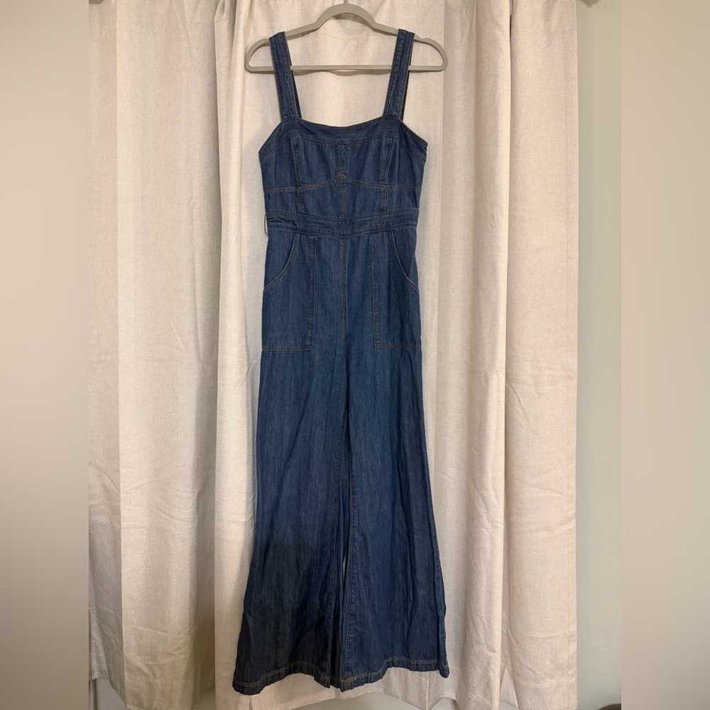 Anthropologie x Ett:Twa Margaret Belted Flare Leg Denim Jumpsuit - Picture 2 of 5